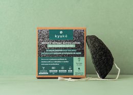 Organic konjac sponge with binchotan activated charcoal, a Japanese skin care tool for cleansing and exfoliating the skin.