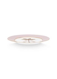 A round pink and white plate with a decorative floral design in the center.
