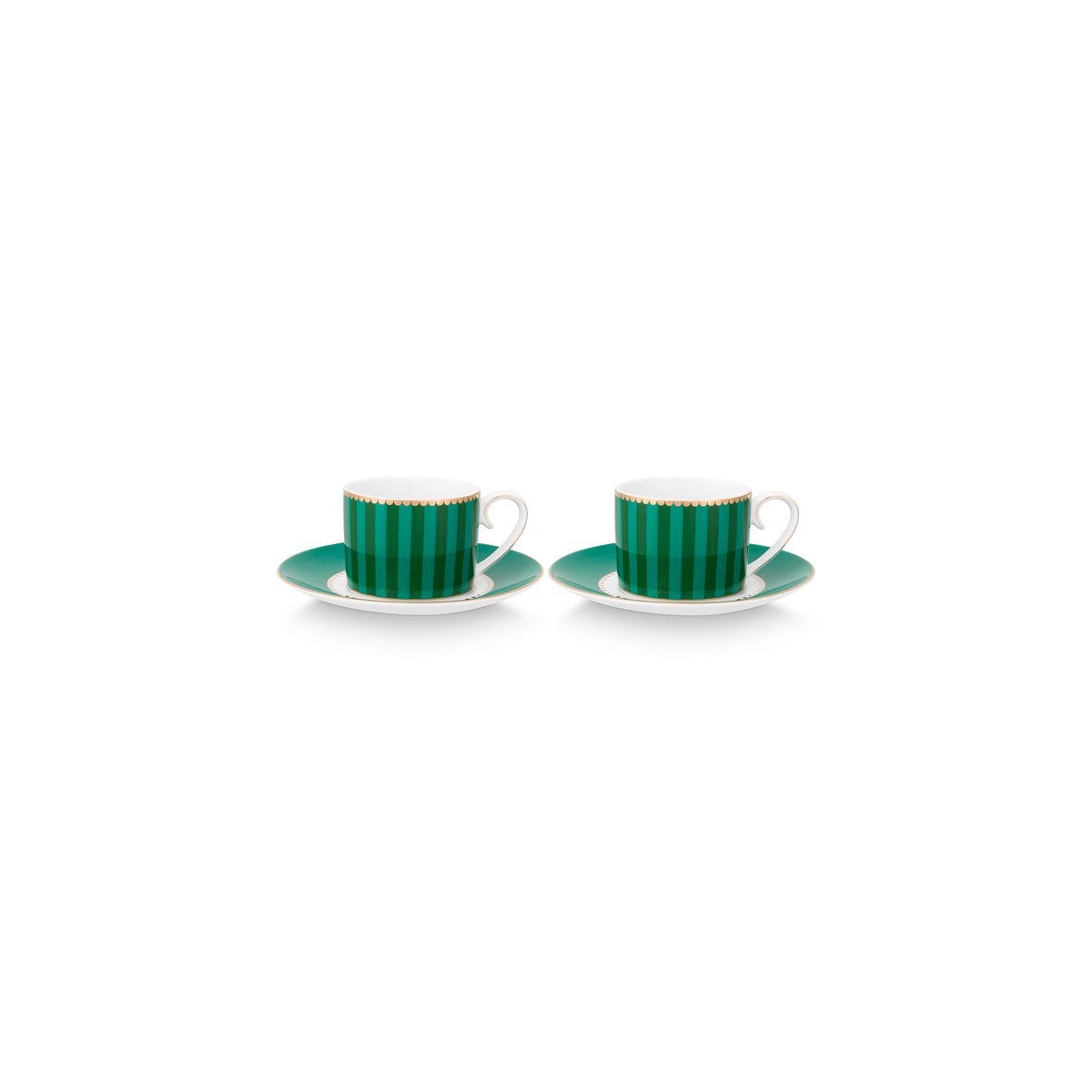 Set/2 Espresso Cups & Saucers Love Birds Stripes Emerald-Green