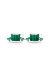 Set/2 Espresso Cups & Saucers Love Birds Stripes Emerald-Green
