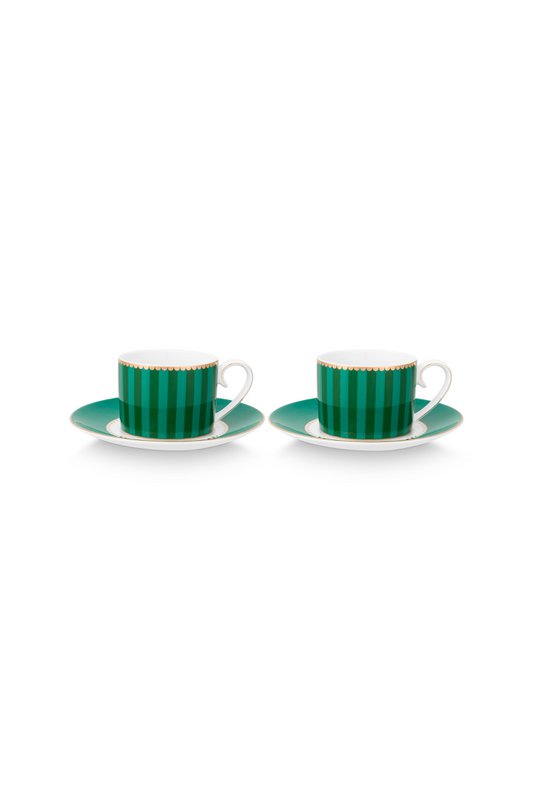 Set/2 Espresso Cups & Saucers Love Birds Stripes Emerald-Green