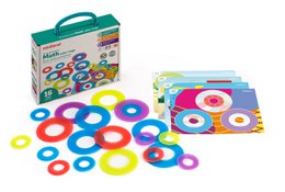 Colorful math learning toy with rings in various shapes and sizes. Includes a carrying case for easy storage and portability.