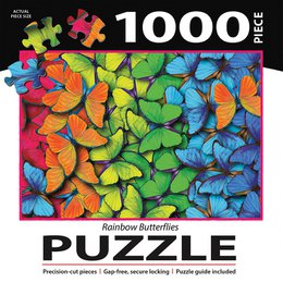Colorful 1000 piece puzzle featuring rainbow butterflies in vibrant orange, green, and blue colors.