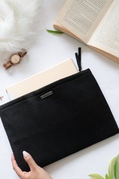 # Product Description:

Black fabric tablet sleeve, soft protective case with zipper closure for electronics storage.