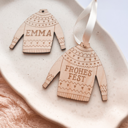 Christmas Tree Bauble Sweater Personalized Wooden HAPPY FESTIVAL - Christmas Sweater Ornament