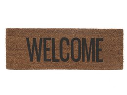 A rectangular doormat with the text "WELCOME" printed in black on a brown background.