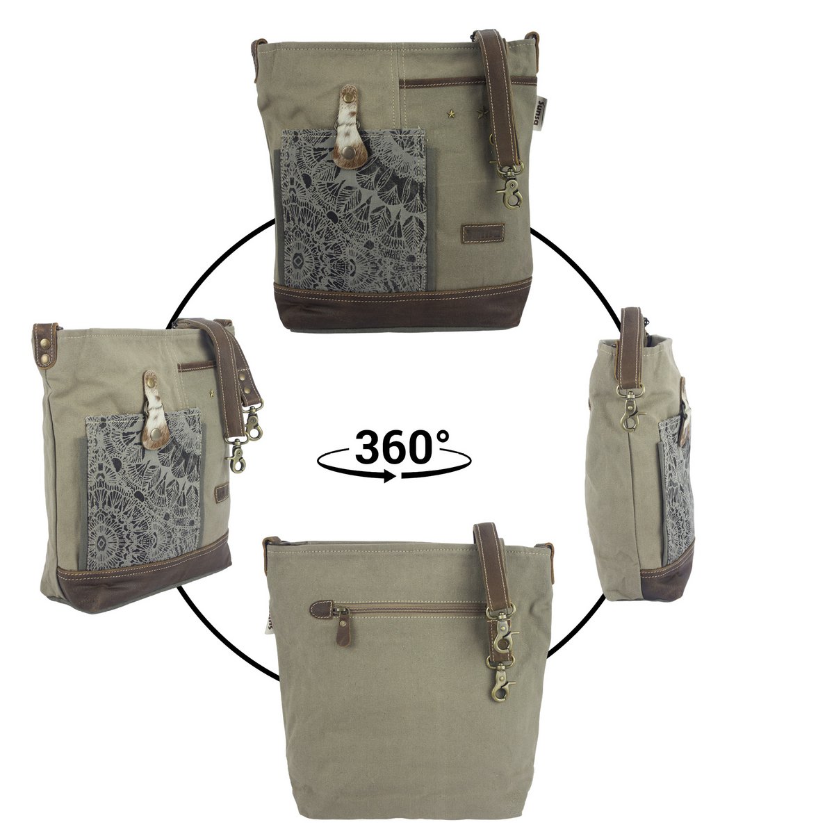Sunsa dames schoudertas. Handtas gemaakt van canvas en leer. Schoudertas in vintagestijl. Grote kaki crossbodytas voor dames met mandala print