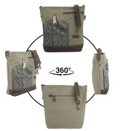Sunsa dames schoudertas. Handtas gemaakt van canvas en leer. Schoudertas in vintagestijl. Grote kaki crossbodytas voor dames met mandala print