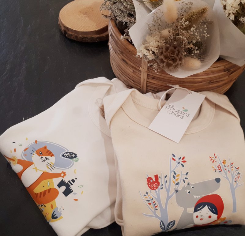 White pajamas Chat Botté 100% organic cotton certified OEKO-TEX