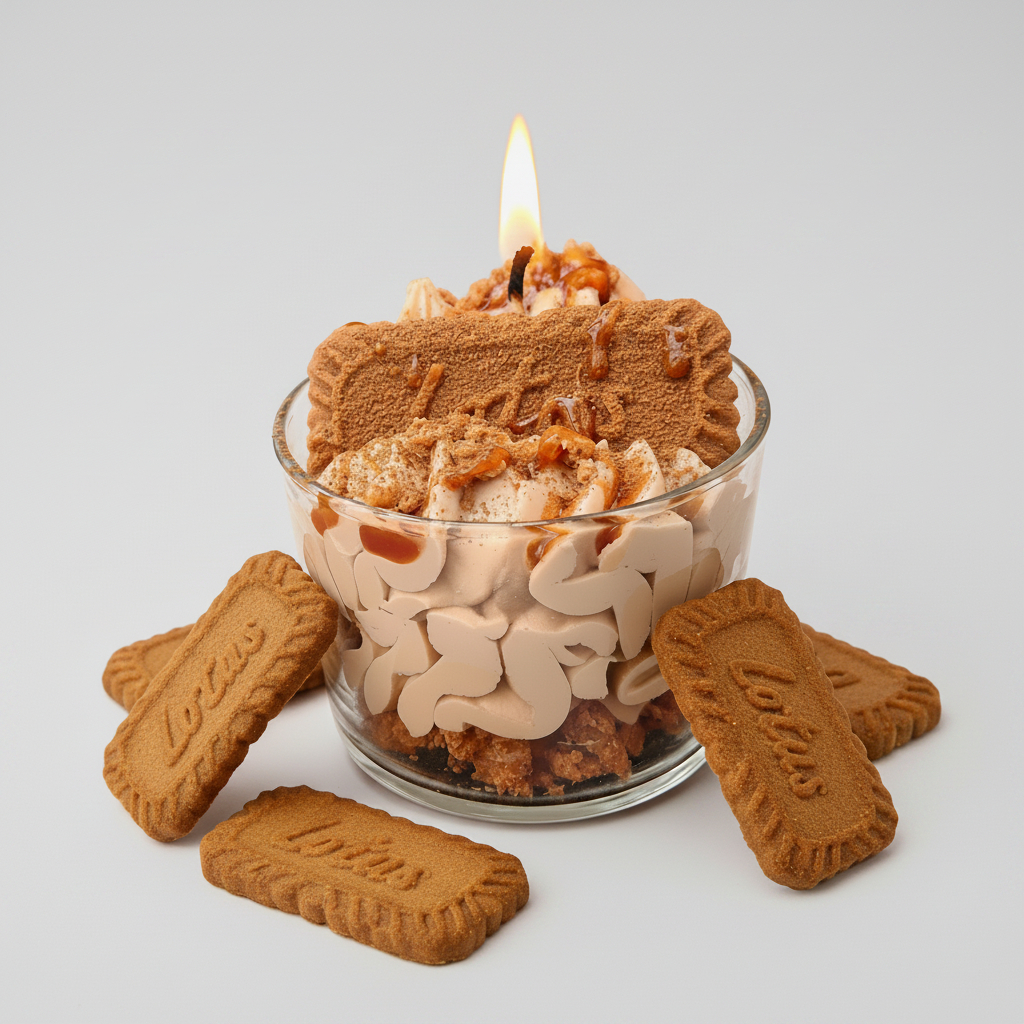 Vela de postre gourmet LAVURI LOTUS BISCOFF, espuma de cera de soja y decoración detallada, bio vegana de Europa, hecha a mano en Portugal