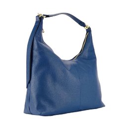 RB1017D | Soft women's shoulder bag in genuine leather Made in Italy with single handle and removable shoulder strap. Attachments with shiny gold metal snap hooks - Blue color - Dimensions: 36 x 40 x 13 cm