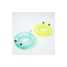 Two colorful inflatable ring floats in the shape of a yellow smiley face and a green frog, designed for use in ball pits or pools.