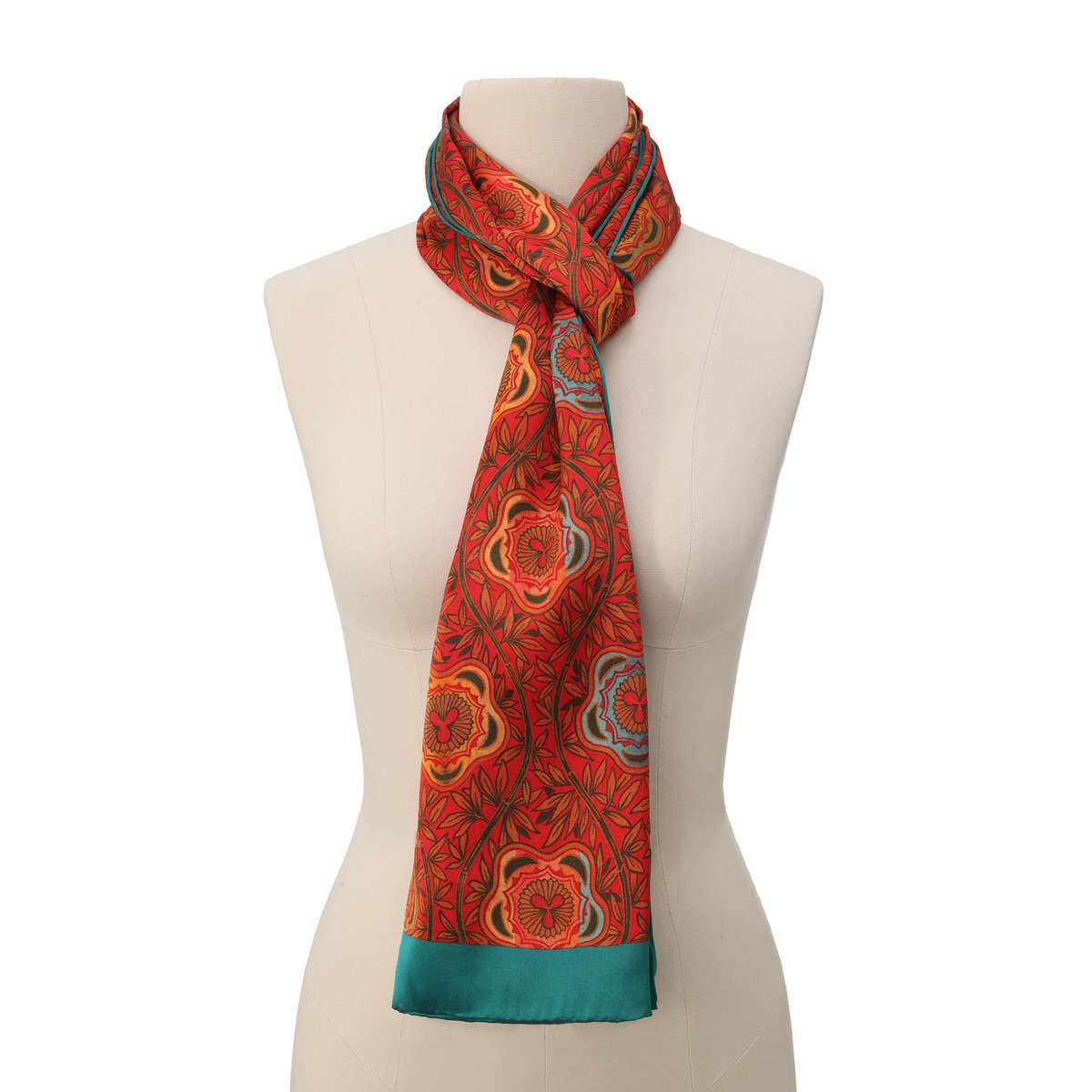 Bufanda roja y azul con caléndula con estampado floral
