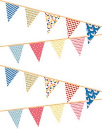  Colorful fabric bunting with various patterns and shapes, including polka dots, stripes, and geometric designs. The bunting is made of vibrant, festive colors like blue, red, yellow, and white, and is hung on a string or rope.