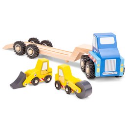 Wooden toy car transporter with 2 construction vehicles - blue truck, yellow bulldozer, and yellow excavator.