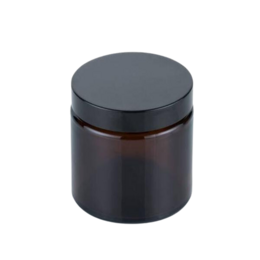 A set of three brown glass jars of varying sizes, suitable for storing body oils. The jars have a simple, minimalist design with a smooth, glossy finish.