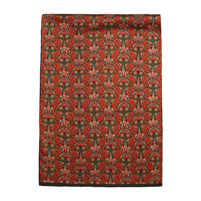 Art Nouveau Bufanda de seda roja con flores verdes y dorados Azteca
