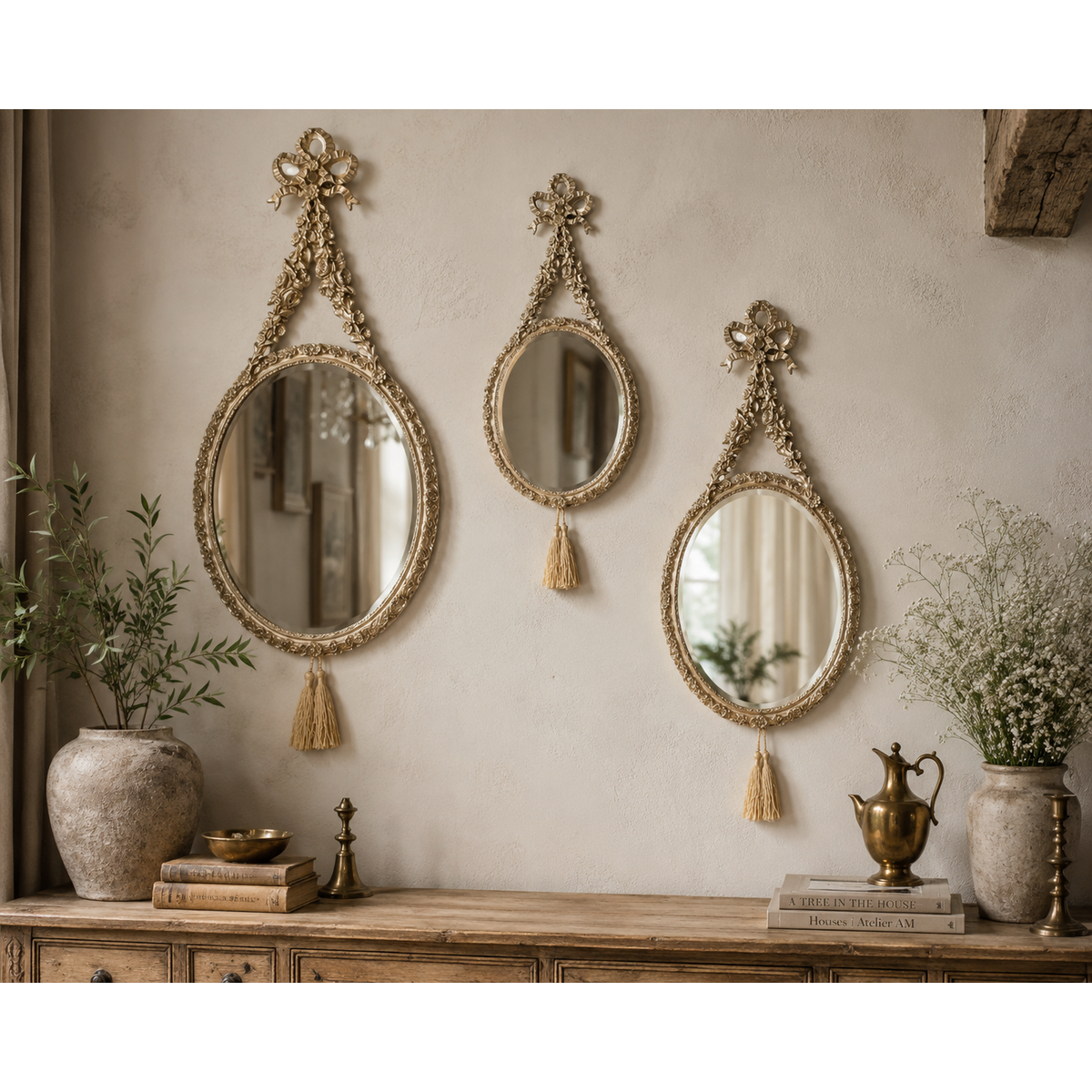 Ovalhangspiegel, gouden afwerking, 16 x 46 cm - antiek