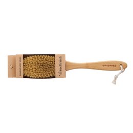 Bamboo body brush with natural sisal bristles for exfoliating and massaging skin. Oval-shaped brush with wooden handle.