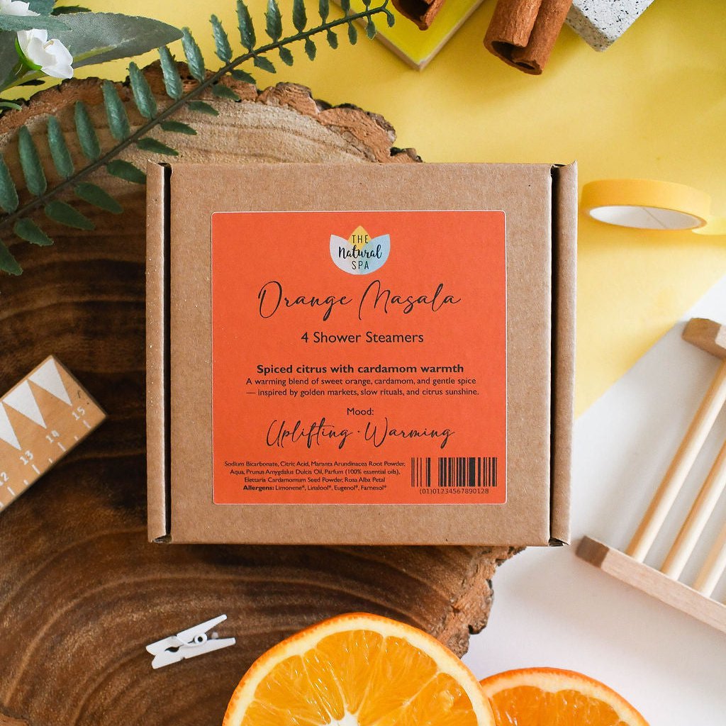 Orange Masala Duschdampfer | Gewürzte Zitrus- und Kardamom-Aromatherapie | Energetisierende und belebende Duschsprudler | 4er-Set
