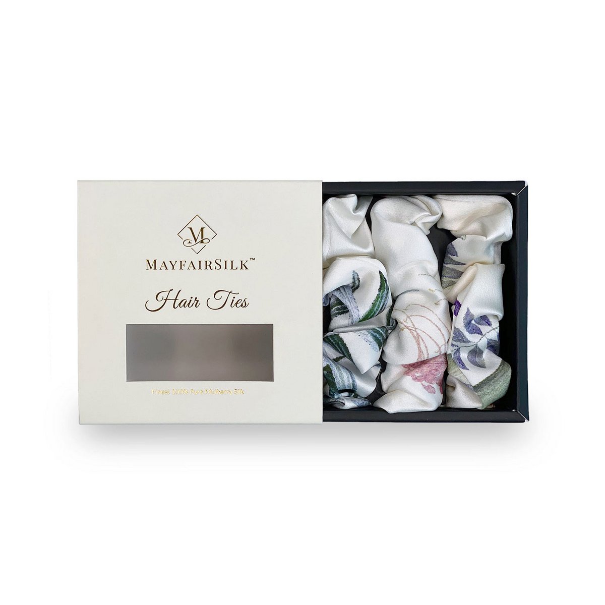 White with Botanical Print Silk Scrunchies Set