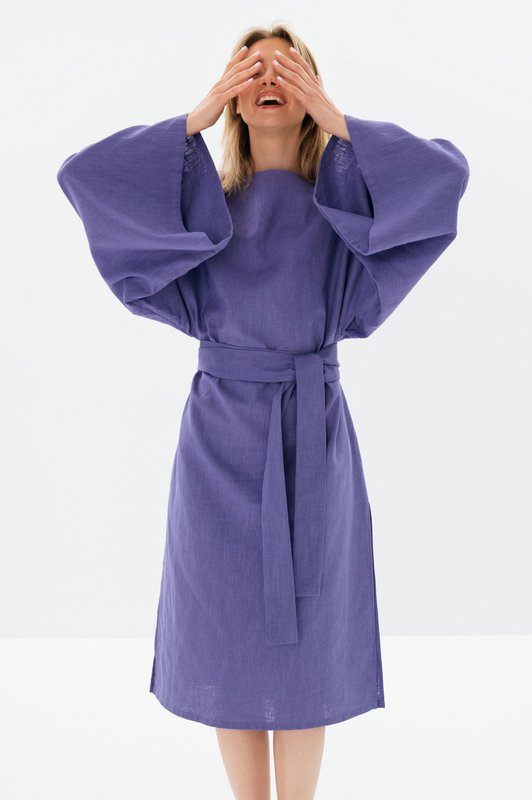 WHISPER — Vestido midi con mangas de kimono de lino lavado a la piedra