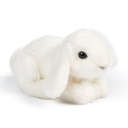  Soft, plush white bunny plushie with long floppy ears and black bead eyes. Suitable for children and adults as a cuddly companion.