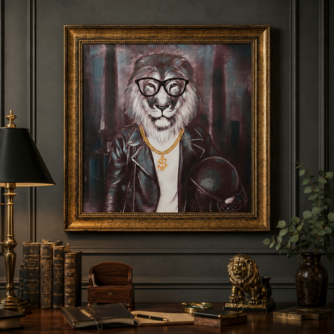 Löwenbild mit Kettenholzrahmen 100 x 100 cm