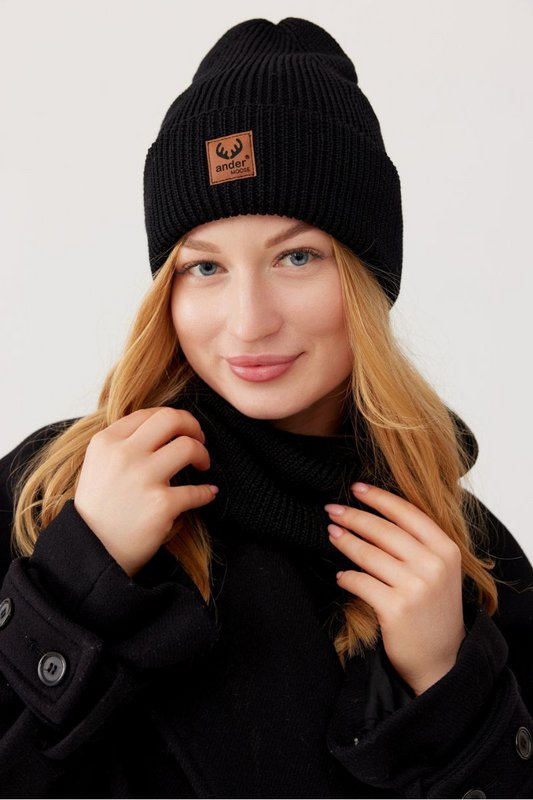 Komplet czapka i komin BRIGID - 100% wełny merino - czarny