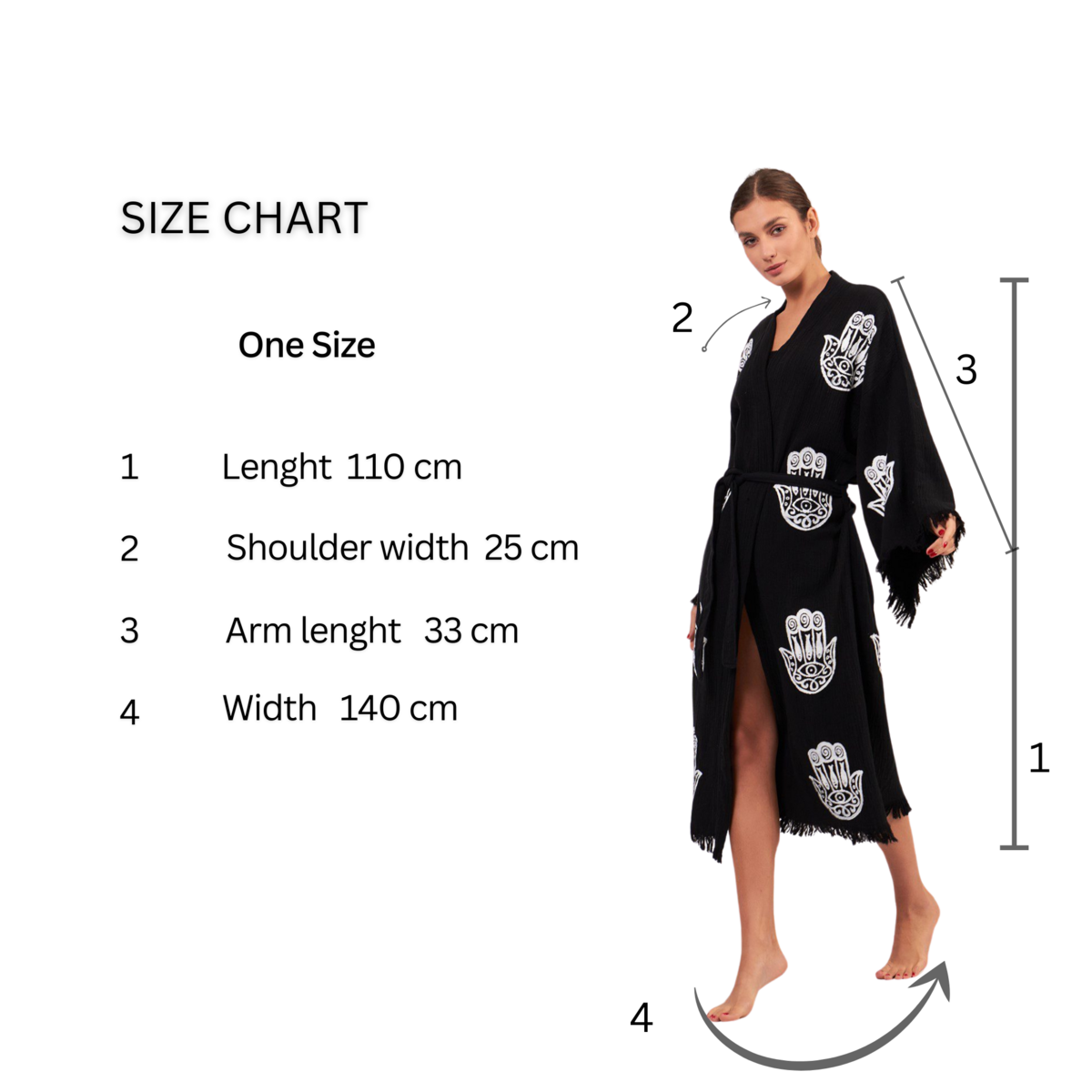 Peignoir kimono long Hamsa-noir