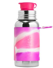 Stainless steel sports bottle with pink swirl sleeve, 550 ml capacity, suitable for yoga and other activities.