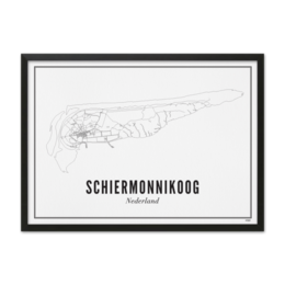  Schiermonnikoog is a minimalist black and white poster featuring a simple line drawing of the island of Schiermonnikoog. The poster is available in multiple sizes, including 21 x 30 cm, 30 x 40 cm, 40 x 50 cm, and 50 x 70 cm, as well as a postcard format.