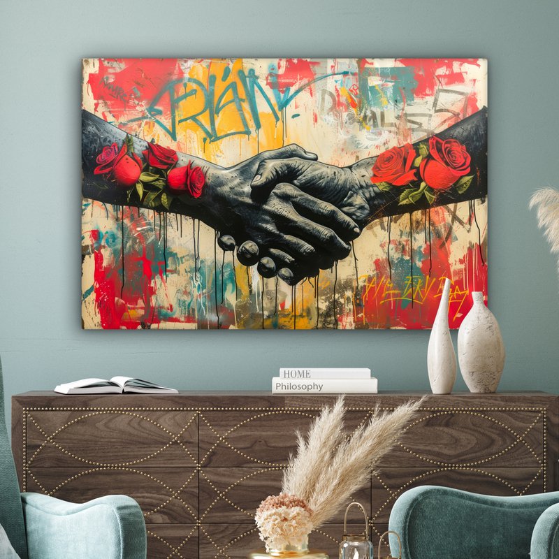 Canvas schilderij - Wanddecoratie Graffiti - Rozen - Handen - Street art - Muurdecoratie woonkamer - Slaapkamer decoratie - Kamer accessoires - Schilderijen op canvas
