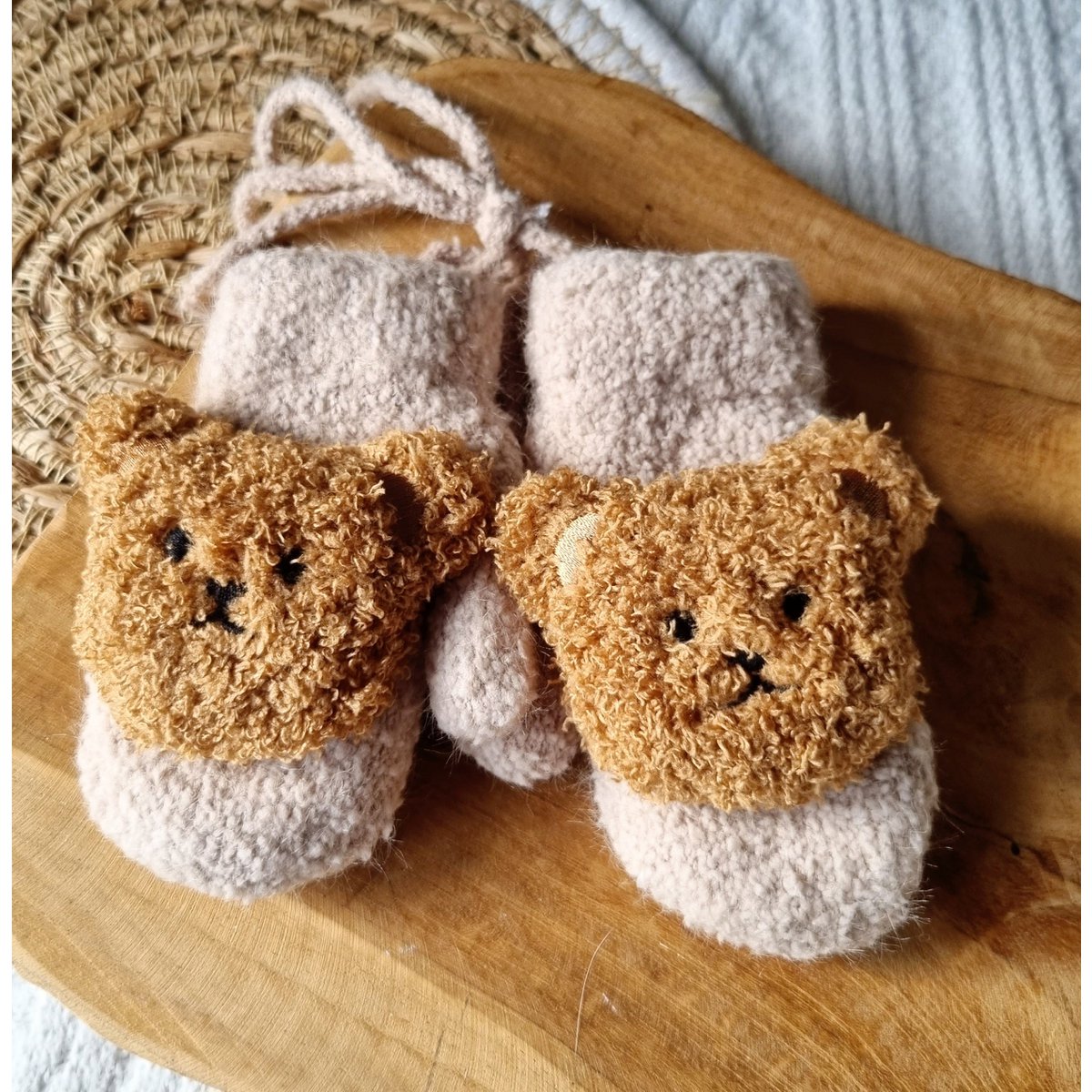 Baby Gloves / Mittens With Teddy Bear - Sand