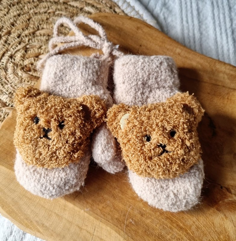 Baby Gloves / Mittens With Teddy Bear - Sand