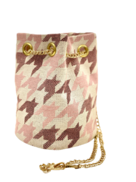Pink and brown houndstooth pattern shoulder bag with gold chain strap.