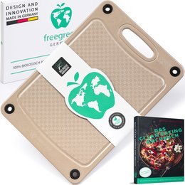 Rectangular cutting boards in beige color with textured surface, suitable for use in the kitchen. Includes a green logo and text indicating the product is designed for dishwashers.