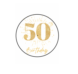 A round, gold-colored mood light with the number "50" printed on it, surrounded by a decorative border. The mood light is placed next to a small, wrapped gift box.