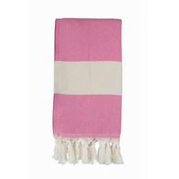 A pink and white striped bath towel with tassels, suitable for bathroom decor.