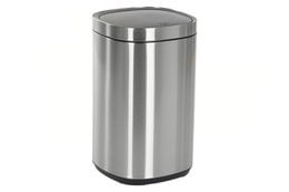 Stainless steel trash bin with matte silver finish, 30L capacity, and touch-sensitive lid.