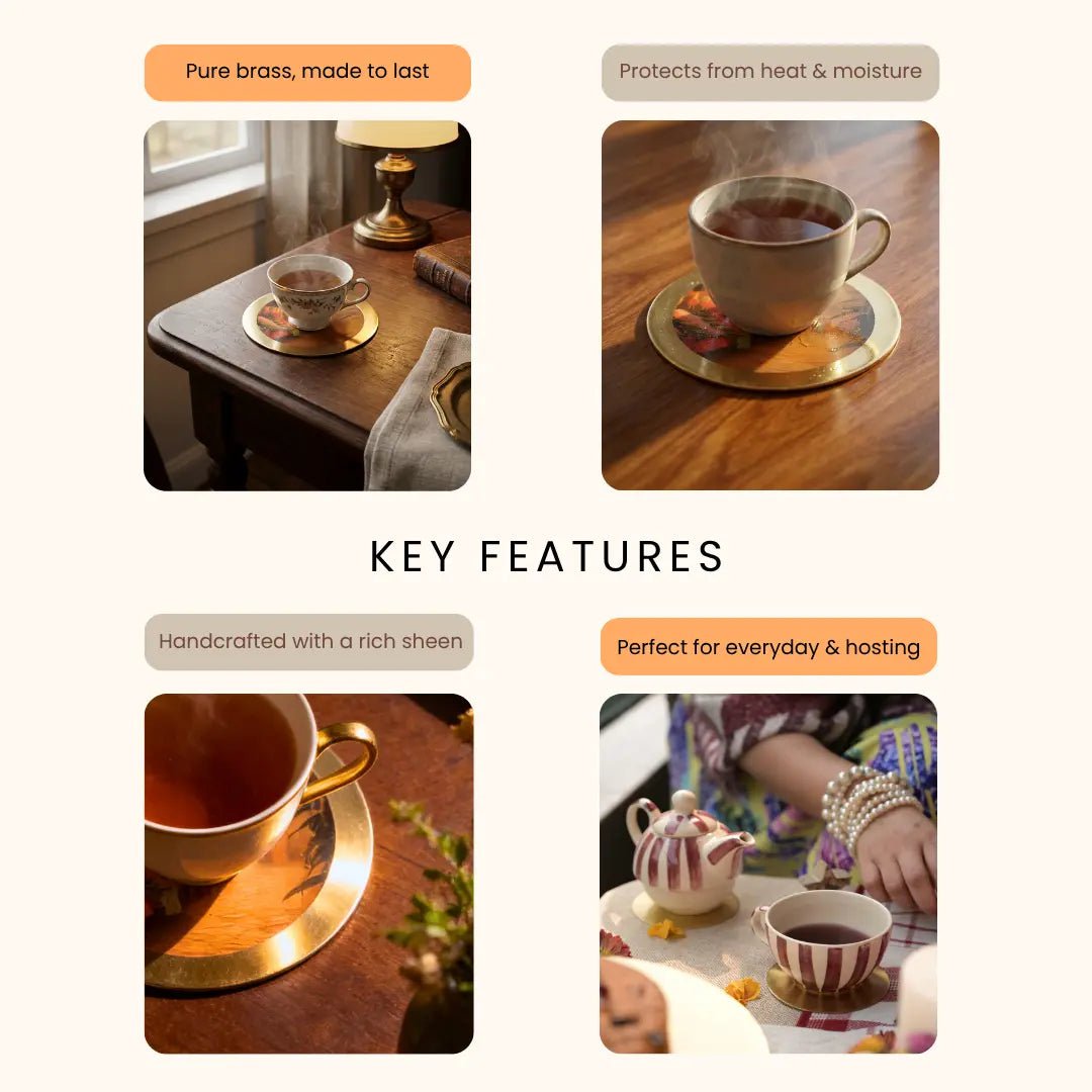 Coasters | Pure Brass Beverage Flower Market Art | Set of 4