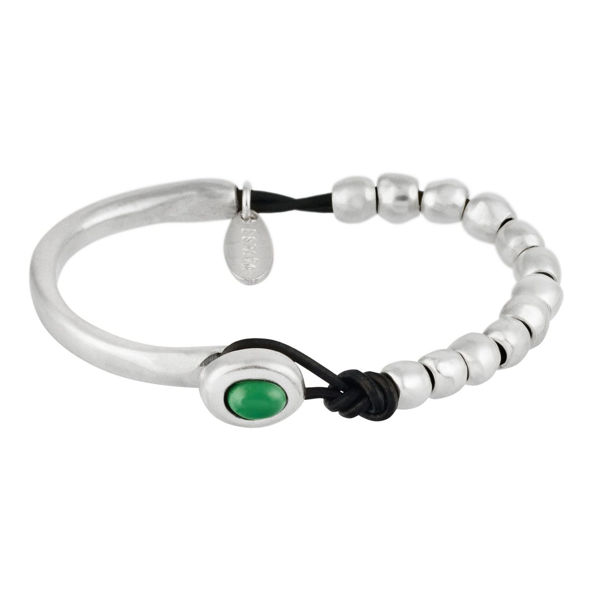 Armband aus plattiertem silbernem Leder und smaragdgrünem Harz