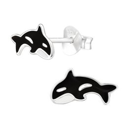Sterling silver orca earrings with a black and white orca design.