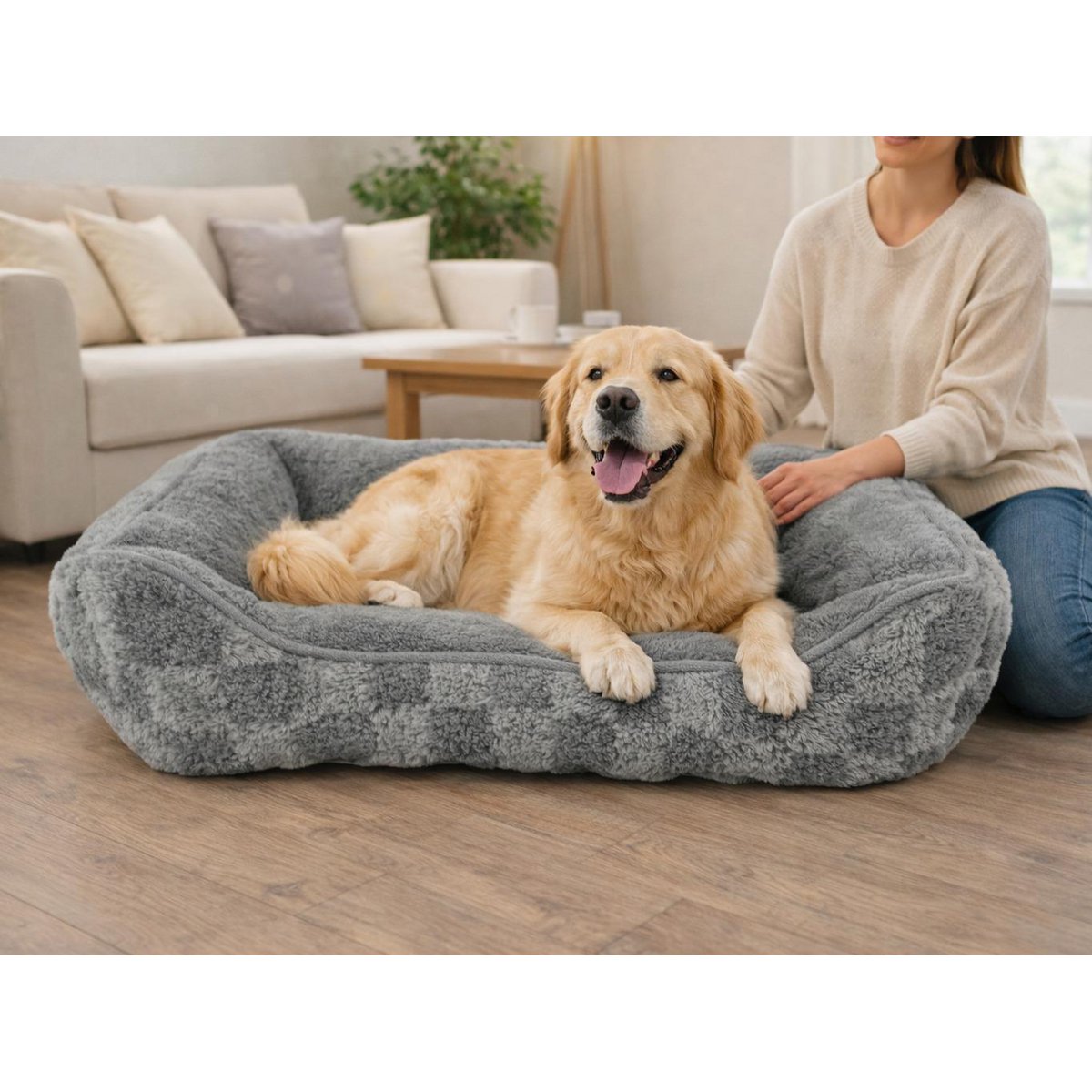 Warm Dog Bed | Grey and Brown Plaid Design | Soft & Padded Interior | Non-Slip Base | 3 Sizes Available | Cozy Bed for Small and Medium Dogs | Ideal for Winter