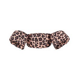 Leopard print kids life vest with adjustable straps and buckle closure for a secure fit.
