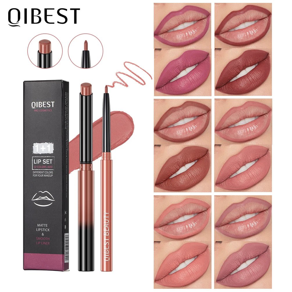QIBEST 2pcs Lipstick Lipliner Pen Set Matte Fluwelen Lip Liner Potlood Contour Make-Up Sexy Rode Lip Stick Langdurige cosmetica