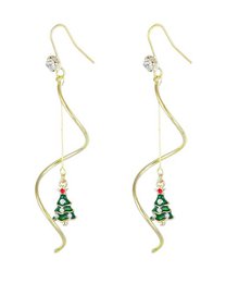 Spiral-shaped gold-tone earrings with dangling Christmas tree charms in green and red colors.