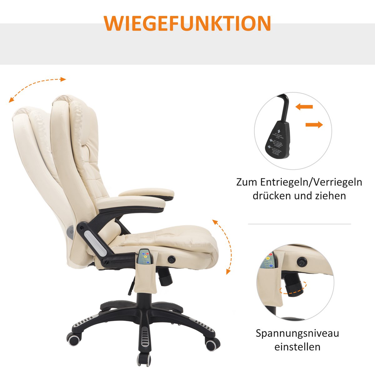 Silla de oficina con función de masaje, función de calor, altura regulable, función de inclinación, silla de oficina de masaje, blanco crema + negro