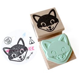 Smiling Fox Head Wooden Rubber Stamp