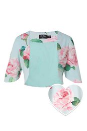 EU Stock Lisette Baby Blue Three-Quarter Sleeve Pink Rose Print Bolero